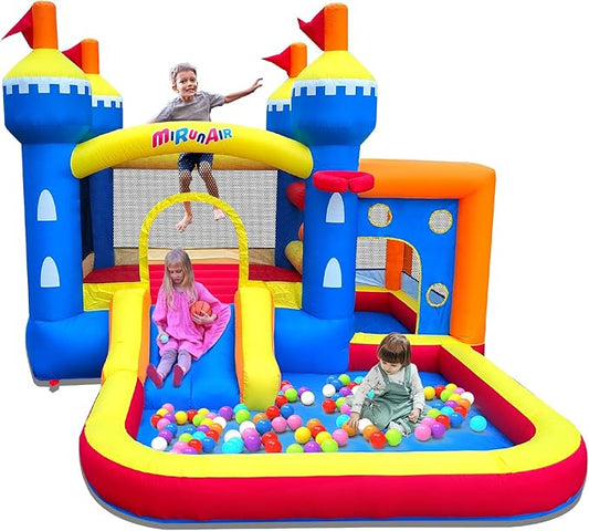 Inflatable Bounce House, Bouncy House for Kids 3-10 Ages, Jumping Castle with Air Blower,Carry Bag, Ball Pit, Basketball Hoop, Slide