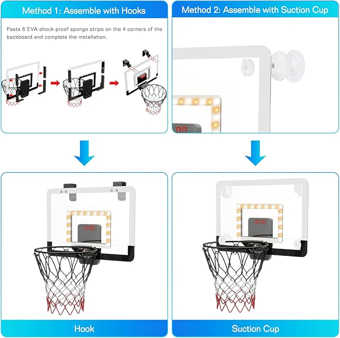 CYFIE LED Basketball Hoop, Suction Cup/Over The Door Basketball Hoop with Sturdy Backboard/Electronic Scoreboard, Sound, 3 Balls, Mini Indoor Basketball Toy Gifts for Kids Teens Boys Girls Youth