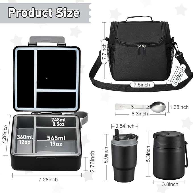 Bento Lunch Box for Kids with 17oz Soup Thermo,Insulated Tumbler Water Bottle and Insulated Lunch Bag,Leak-Proof 3 Compartment Lunch Food Container with Ice Pack for Kids to School-Black