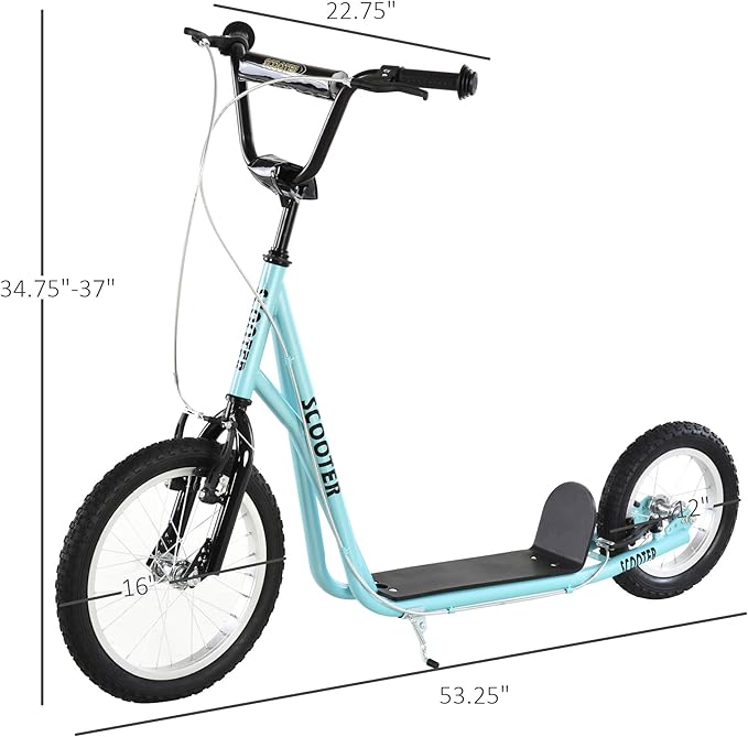 Aosom Youth Scooter, Teens Kick Scooter, Adjustable Handlebar Ride On Toy for 5+ with 16" Front and 12" Rear Dual Brakes Inflatable Wheels