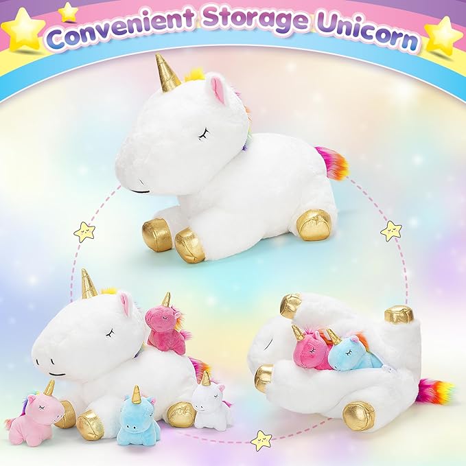 KIZZYEA Toys for Girls Ages 0 1 2 3 4 5 6 7 8+ Years, Unicorn Plush Toys Set, Soft Unicorn Mommy Stuffed Animal with 4 Baby Unicorns in Her Tummy, Birthday for Baby, Toddler, Kids