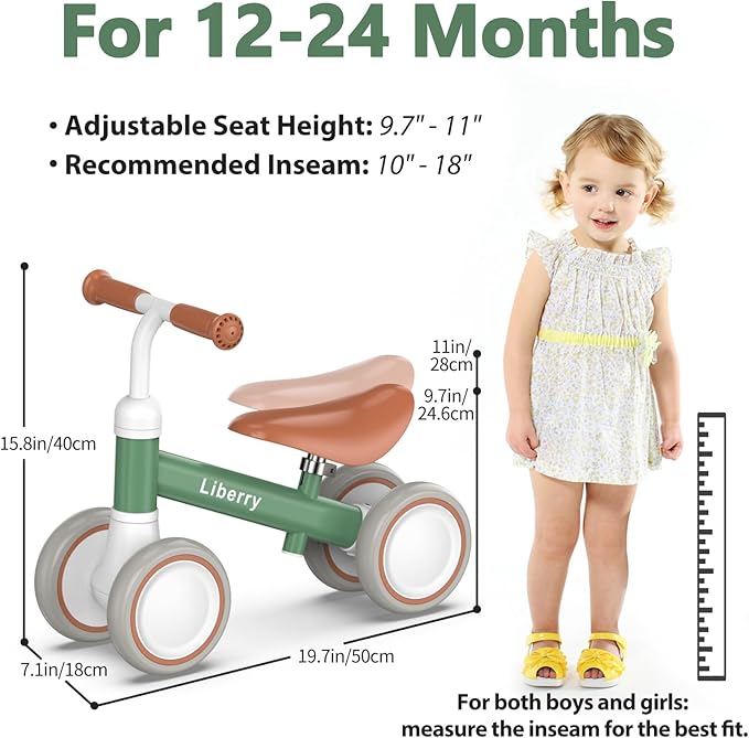 Liberry Baby Balance Bike for 1 Year Old Boys, 4 Wheels Toddler Balance Bike with Adjustable Seat, 12-24 Months Infant's First Birthday Gift (Green)