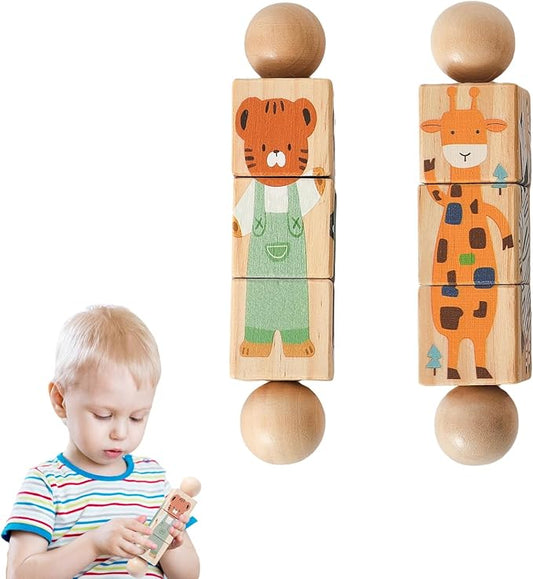 Promise Babe Wooden Animal Puzzle Toy for Toddlers 1-3, Rotating Spin Twist Blocks Set of 2, Learning Educational Montessori Toy Gifts for Kids Boys Girls, Giraffe & Brown Bear