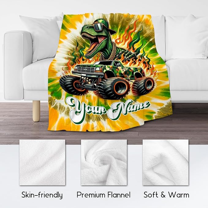 Boys Blanket, Personalized Dinosaur Blankets Gifts for Kids, Custom Tie Dye Throw for Dinosaur Lovers, Soft Fleece Truck Throw for Sofa (4 Sizes)