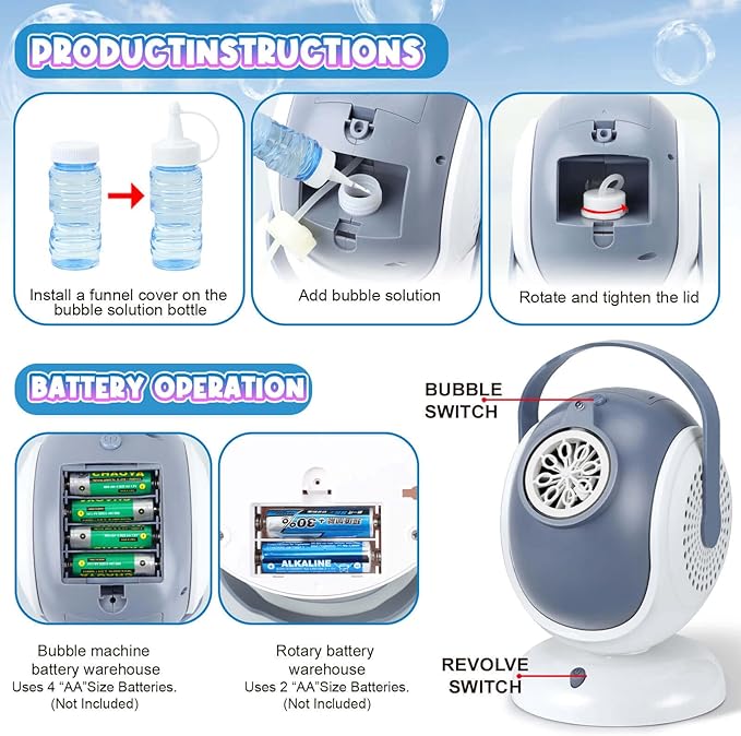 Bubble Machine for Kids: Automatic Bubble Blower 60° 360° Auto Rotatable Bubble Machines for Parties Outdoor Bubble Machine Bubble Toys for Outdoor Wedding Birthday Party Gifts