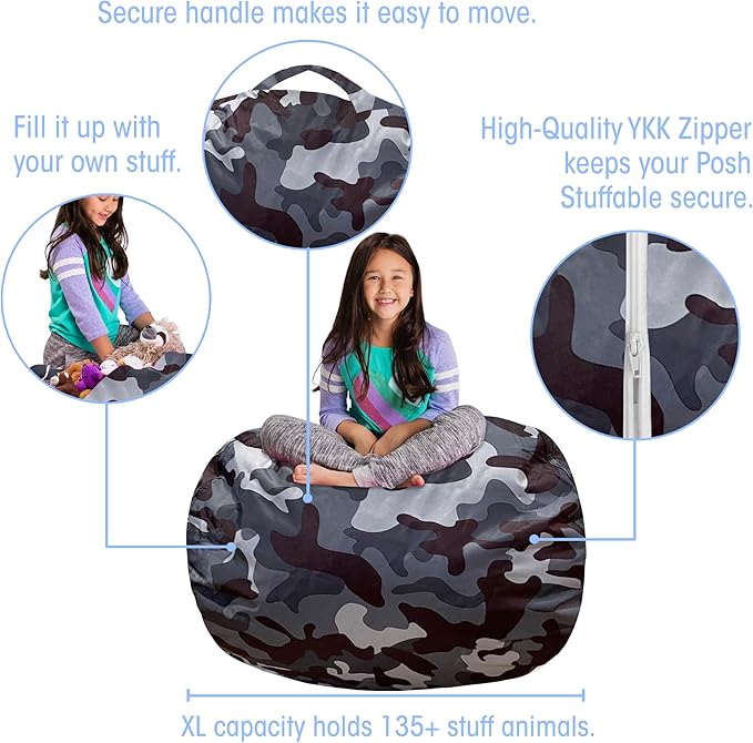 Posh Creations Kids Stuffed Animal Storage Bean Bag Chair Cover - Childrens Toy Organizer, X-Large-48in, Nylon Camo Dark and Black Gray