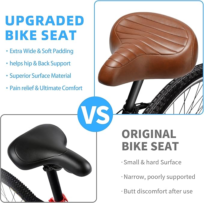 Wide Bike Seat for Men Women Comfort, Large Soft Padded Bicycle Seat Cushion, Oversized Comfortable Replacement Saddle for City & Mountain Bicycle, Beach Cruiser, Ebike, Scooter, Stationary Bike
