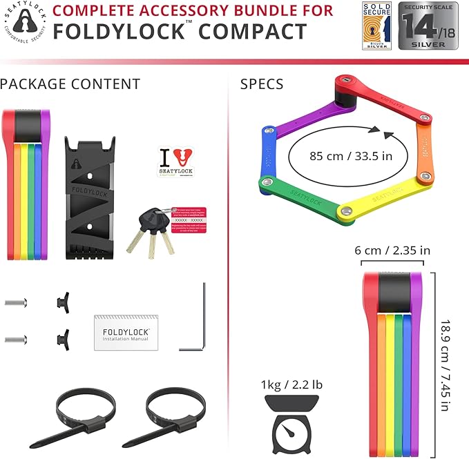 Seatylock FoldyLock Compact Folding Bike Lock - Award Winning Patented Lightweight High Security Bicycle Lock - Heavy Duty Anti Theft Smart Secure Guard with Keys & Case for Bikes or Scooters