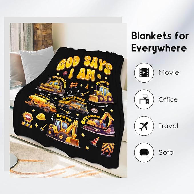 Truck Excavator Boys Throw Blanket, Car Blanket Gift for Toddler, Cozy Fleece Throw for Living Room, Bed - 60"x80"