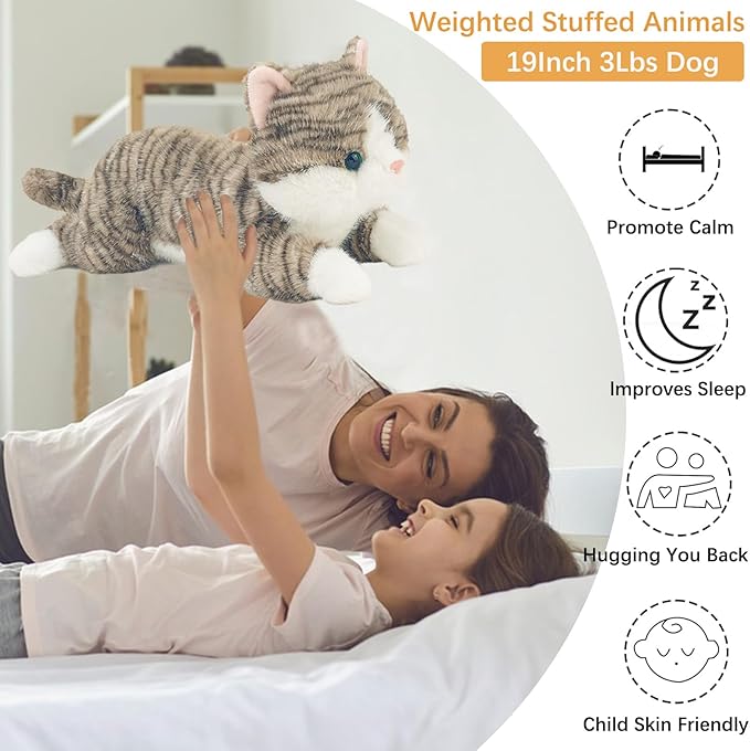 19 inch 3 Lbs Cat Weighted Stuffed Animals, Realistic Weighted Cat Stuffed Animal, Sensory Comfort Plush Throw Pillow, Soft Kawaii Stuffed Kitty Plush Toy Gift for Adults Kids Youth