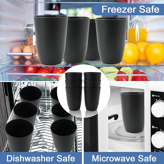Wheat Straw Cups 6 Pcs 16 OZ Plastic Cup, Unbreakable Drinking Glasses, Lightweight Cup Set for Kitchen, Alternative to Plastic Cups Reusable Dishwasher Safe (Black)