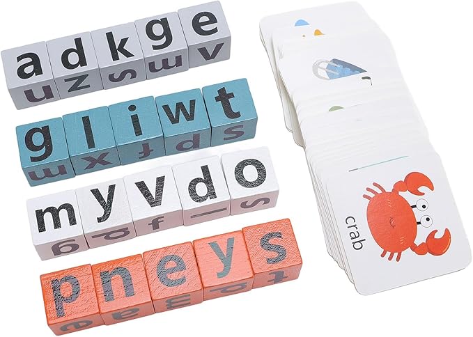 Premium Wooden Alphabet Stacking Blocks, Educational Toys for Toddlers, Improve Vocabulary Early Learning ABC Letter Blocks for Learning English Speaking and Listening Skills, Wood + Paper