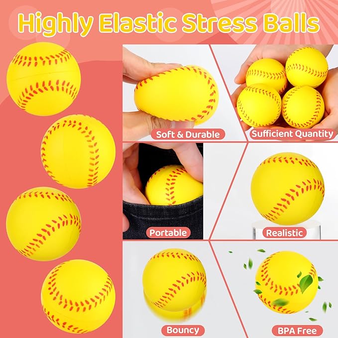 LiYiQ 24Pcs Sports Stress Balls Softball Stress Ball for Kids 2.36 Inch Foam Bouncy Balls Bulk Fun Balls Party Favors Sports Party Favors Goodie Bag Stuff for Kids Classroom Exchange (New Softball)
