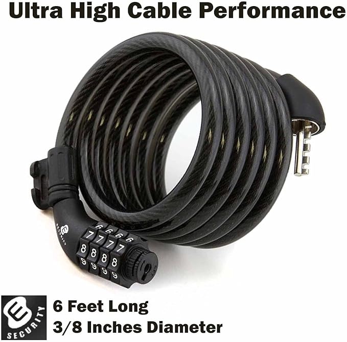 Etronic Bike Lock M6, Cable Lock 6 Feet Long Coiled Security Resettable Combo Combination Lock Bicycle Lock with Mounting Bracket