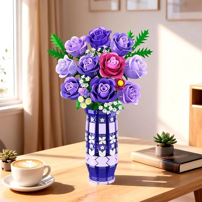 Purple Roses Flowers Building Set with Vase & LED Light, 17 Mini Flowers Bouquet Building Blocks Toy, Artificial Flowers for Home Office Decor & Display, Gifts for Adults Women Kids Girls 12+