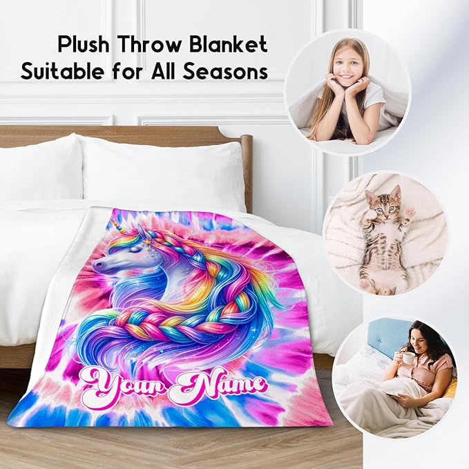 Girls Blanket, Personalized Unicorn Blanket Gifts for Girls, Tie Dye Rainbow Throw, Custom Flannel Kids Throws for Unicorn Lovers (4 Sizes)