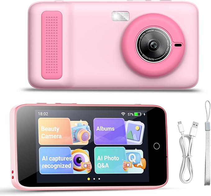 Kids Camera, 3.97IN AI Digital Camera with Beauty Camera, Flashlight, 1080P HD Video Selfie Camera Dual Lens, Portable Toy Christmas Birthday Gifts for Children, 2000mA(Pink)