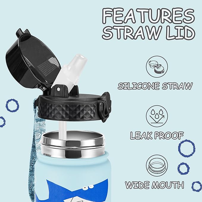 GOPPUS Kids Water Bottle (Straw Lid) - 14 Oz Stainless Steel Travel Bottle, Double Wall Vacuum Leak Proof Kids Cup for School Boys Girls,Iron Shark