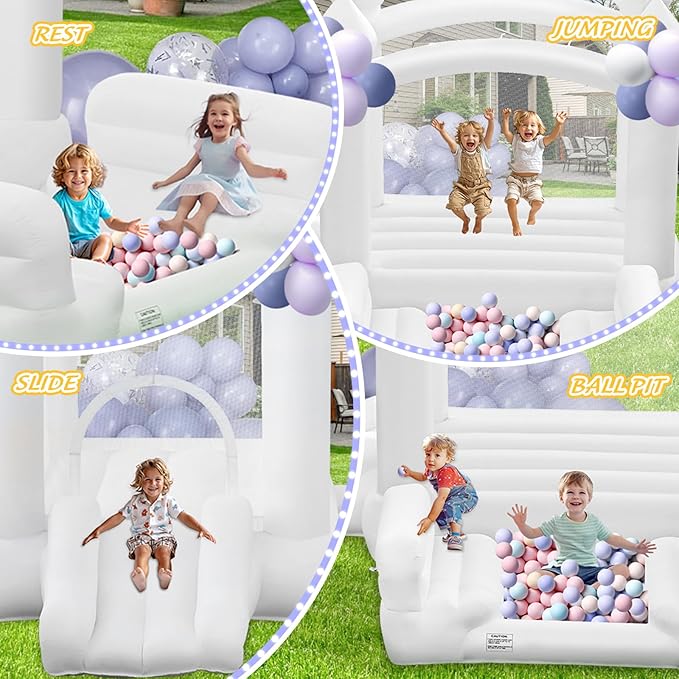 White Bounce House for Kids 3-8, Large Inflatable Bouncy House with Air Blower Slide Ball Pit Jumping 100 Balloons, Bouncy Castle for Party Birthday Wedding Event Indoor Outdoor (10x6x6FT)