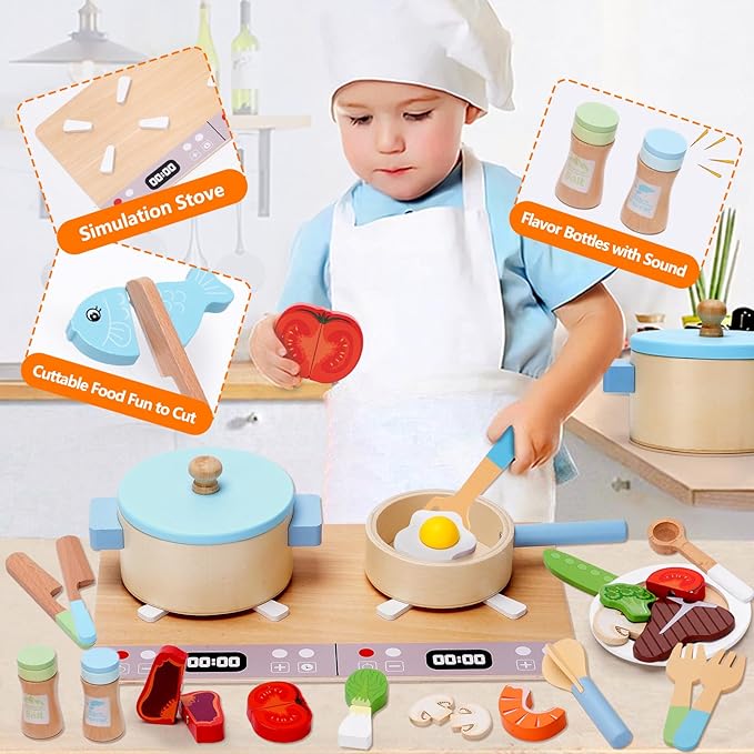 Play Kitchen Accessories, Wooden Play Cooking Set, Pretend Play Kitchen Set for Kids, Including Stove, Cookware Pots and Pans, Cooking Utensils Playset, Cutting Food Playset for Girls Boys Toddler