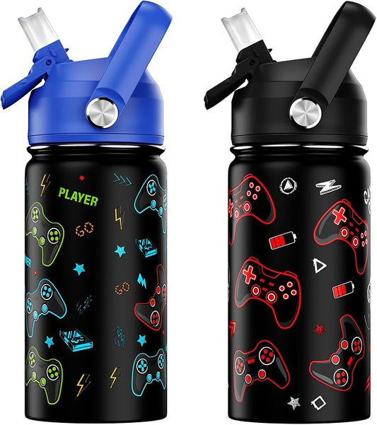 14oz Kids Insulated Water Bottle with Straw Lid - 18/8 Stainless Steel Kid Cup Travel Tumbler Double Wall Vacuum Leak Proof Portable Toddler Water Bottle (Game Blue+Red）