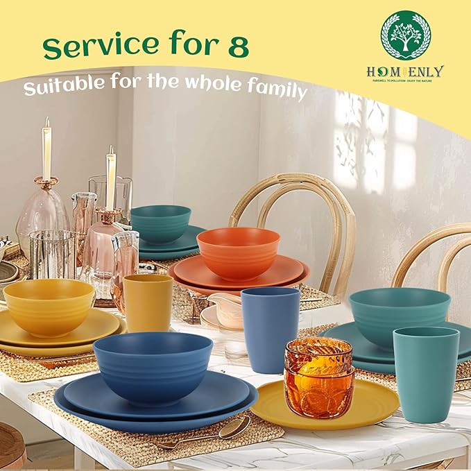 40-Piece Unbreakable Plastic Wheat Straw Dinnerware Set - Multi Color, 8-Person Dish Set for Dinner, Plates, Bowls, Cups & Appetizer Plates - Perfect for Outdoor Camping