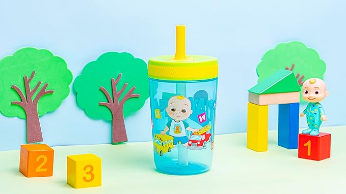 Zak Designs 15oz Cocomelon Kelso Tumbler Set, Leak-Proof Screw-On Lid with Straw Made of Durable Plastic and Silicone, Perfect Bundle for Kids