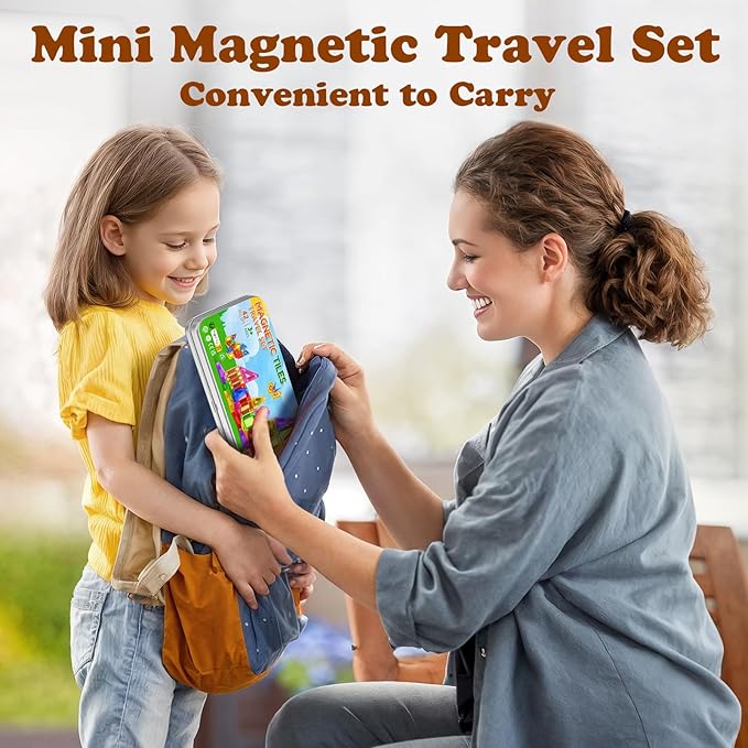 Mini Magnetic Tiles Travel Magnetic Tiles with Iron Box,42PCS Magnet Building Block Set Travel Toys for Kids Ages 3+,Educational Portable Magnet Toys Gifts for Toddlers Boys & Girls Christmas Birthday