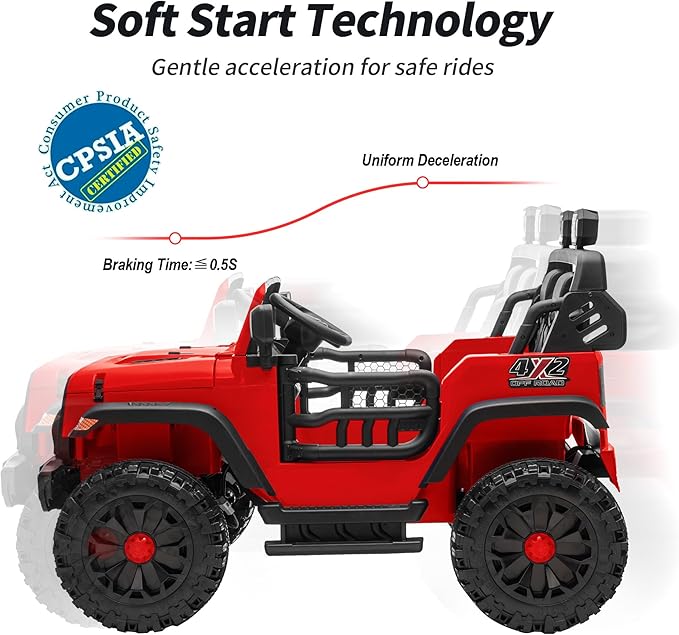 2 Seater Ride on Car Toy, 12V Electric Car for Kids 4-8 with Remote Control, Capacity 150 lb, LED Light - Red