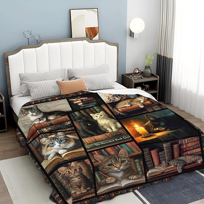 Book Lovers Throw Blanket Gift for Readers Soft Cat Lover Flannel Blanket Lightweight Cozy Blankets Gift for Women and Men Couch Sofa Bed 50" x 40"