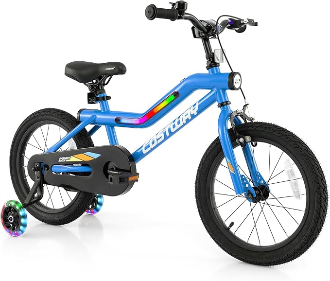 COSTWAY 16”/18” Lighted Kids Bike, Children Sport Bicycle with LED Light-up Frame, Adjustable Saddle, Training Wheels, Handbrake & Coaster Brake, Kids Riding Bike for 4-7/4-8 Years Old Boys & Girls