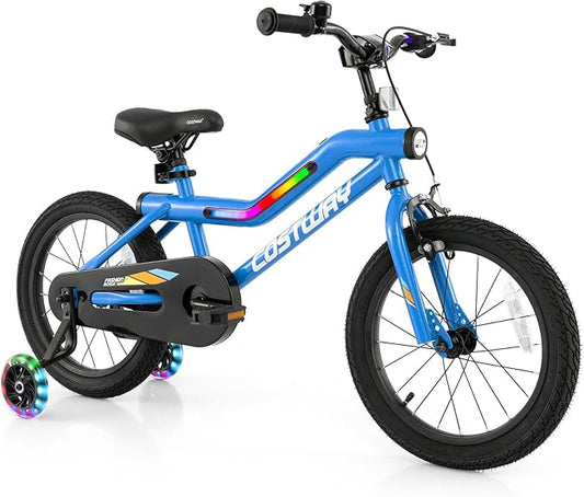 COSTWAY 16”/18” Lighted Kids Bike, Children Sport Bicycle with LED Light-up Frame, Adjustable Saddle, Training Wheels, Handbrake & Coaster Brake, Kids Riding Bike for 4-7/4-8 Years Old Boys & Girls