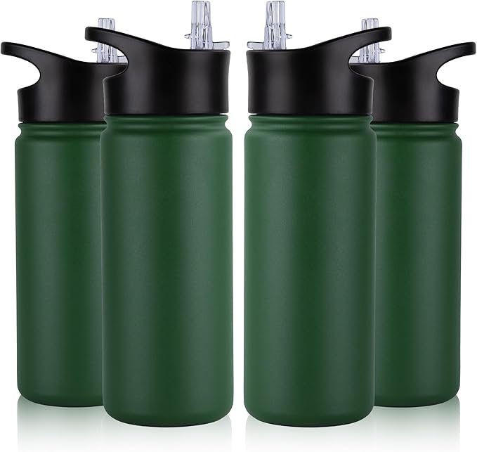 16 oz Insulated Water Bottle Bulk 4 Pack, Straw & Spout Lid, Keep Cold 24H, Spill Proof, BPA-Free, Double Wall, Stainless Steel Kids Water Bottles for School, Sports, Dark Green