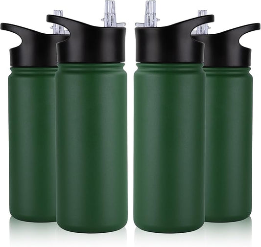 16 oz Insulated Water Bottle Bulk 4 Pack, Straw & Spout Lid, Keep Cold 24H, Spill Proof, BPA-Free, Double Wall, Stainless Steel Kids Water Bottles for School, Sports, Dark Green