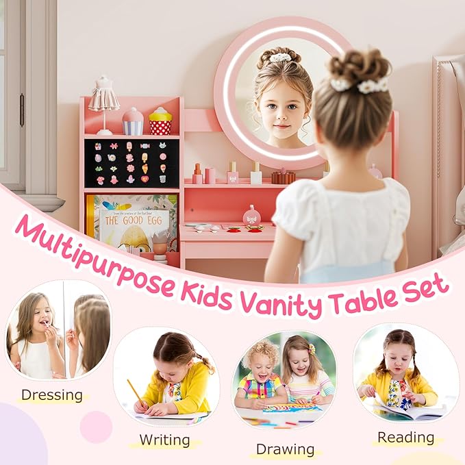 Costzon Kids Vanity, Girls Vanity Set with Mirror and Lights, Jewelry Storage, Shelves, Princess Toddler Makeup Vanity Desk Dressing Table, Wooden Kids Vanity Table and Chair Set (Pink)