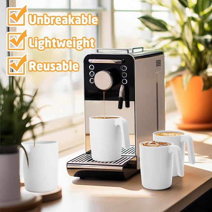 Wheat Straw Cups 16 OZ, Unbreakable Coffee Mugs Set of 6, Alternatives to Plastic Drinking Cups Reusable, Dishwasher Safe Tea Cups for Kitchen, Camping, Farmhouse - White