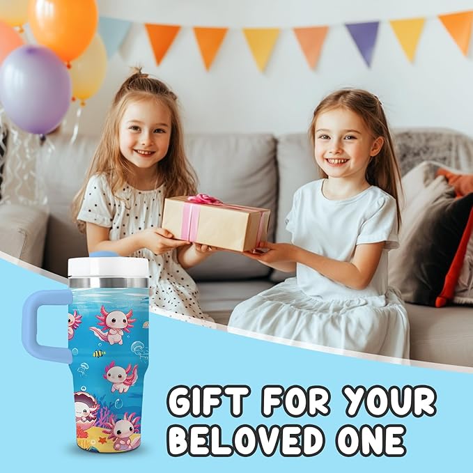 Axolotl Gifts for Girls - 14oz Blue Kids Axolotl Tumbler with Handle and Straw, Stainless Steel Insulated Water Cup, for Sport, School, Travel - Axolotl Lovers Gift for Children Birthday Gift Cup(1pc)