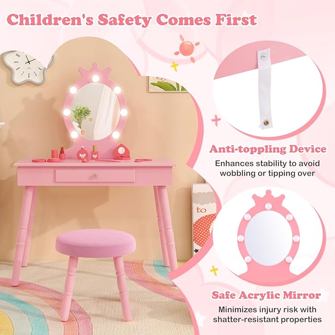HONEY JOY Kids Vanity with Lights, Princess Wooden Makeup Table & Stool with Drawer, 3-Color LED Lights, Toddler Dressing Vanity for Little Girls, Pretend Play Kids Vanity Table and Chair Set (Pink)