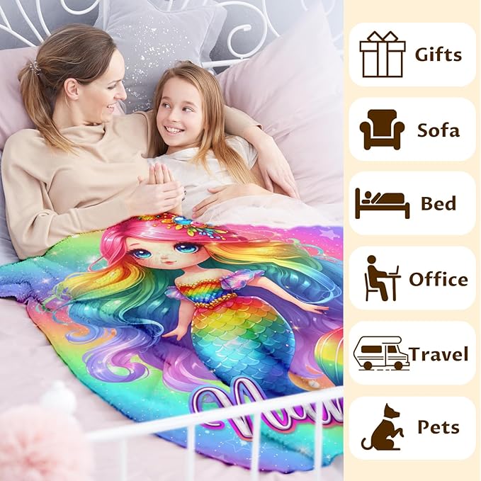 Blanket for Kids Girls 3-4 Personalized Cute Mermaid Themed Stuff Blanket, 30x40 Inches Small Lap Size Soft Fluffy Warm with Name Mermaid Throws Gifts for Sofa Chairs Birthday Party Decor