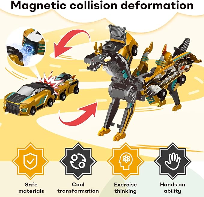 2-in-1 Transforming Race Car Dinosaur Toy DinoDrive – Automatic Transforming Car into Dinosaur, Educational Toys for Boys & Girls, Crash Action & Lights, for Kids(Golden)