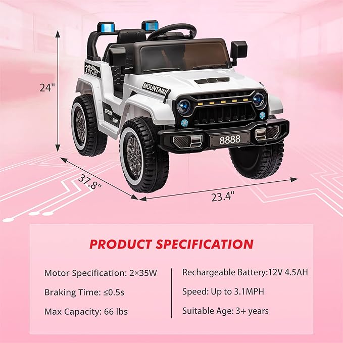 12V Kids Ride-on Truck with Parent Remote Control,All-Terrain Electric Car with Twin 35w Motors, 3 Speeds & Spring Suspension,LED Lights for Fun Night Drives,Ideal Gift for Boys & Girls