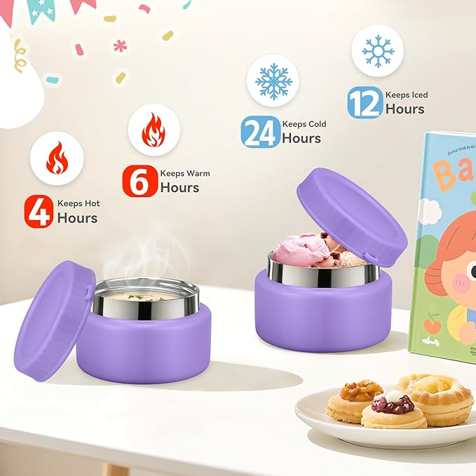 Bento Lunch Box for Kids with 9oz Soup Thermo Leak-Proof Lunch Food Container with 5 Compartment Thermo Hot Food Jar and Insulated Lunch Bag for Kid Toddler Girls Boys to School(Purple)