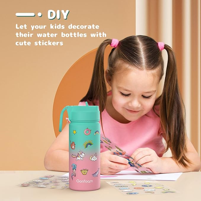 Kids Water Bottle, 16oz Water Bottles Kids with Straw and Stickers, Stainless Steel Vacuum Double Wall Insulated cup, Kids Water Bottle for School, Gifts for Girls(Green)