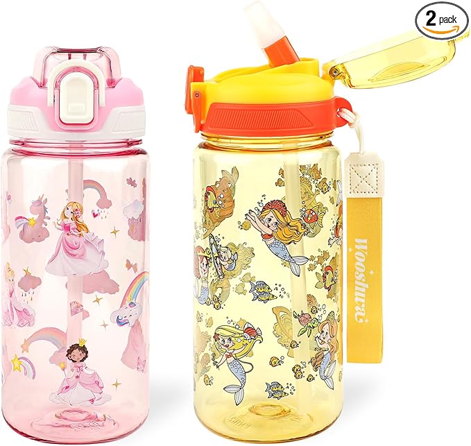 Kids Water Bottle for School or Travel, 20 Oz 2 Pack Durable Plastic Water Bottle with Silicone Straw and Pop-Up Spout Cover, BPA Free & Dishwasher Safe(Mermaid & Princess)