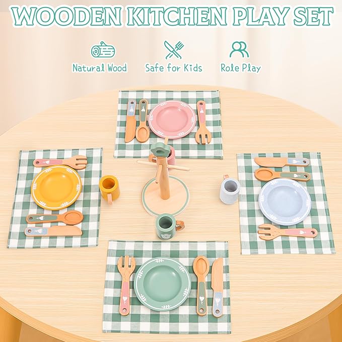 Wooden Play Kitchen Accessories Set with Detachable Dish Rack and Utensil Holder - Complete Set for Toddlers 3-5, Includes Plates and Cups, Colorful Cutlery for Pretend Play, Ideal Gift