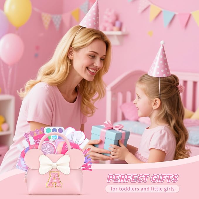 Pretend Makeup Kit for Toddlers Kids- 21Pcs Make Up Toys with Initial Toddler Purse - Birthday Gifts for 3 4 5 Years Old Girls Vanity Set Christmas Birthday Gift Pink N