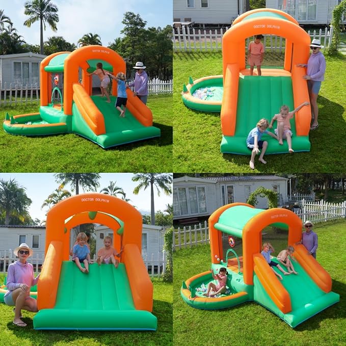 Doctor Dolphin Inflatable Bounce House Kids Bouncy Castle with Party Light for Indoor or Outdoor