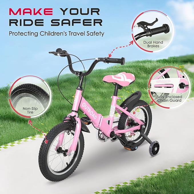 14/16/18 Inch Folding Kids Bike with Training Wheels, Gifts for Girl&Boy Age 3-10 Years, Toddler Bike with Dual Brakes for Beginners, Multi-Color
