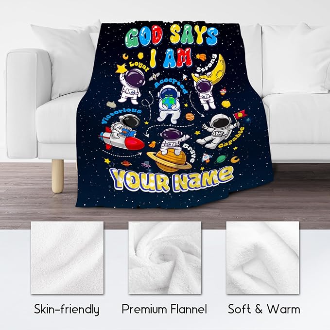 Personalized Planet Blanket, Kids Throw Blanket for Boys, Planet Gifts for Toddler Child, God Says I Am Blanket for Kids, Inspirational Gifts for Son, Soft Plush Throw Blankets for Couch, 50"x60"