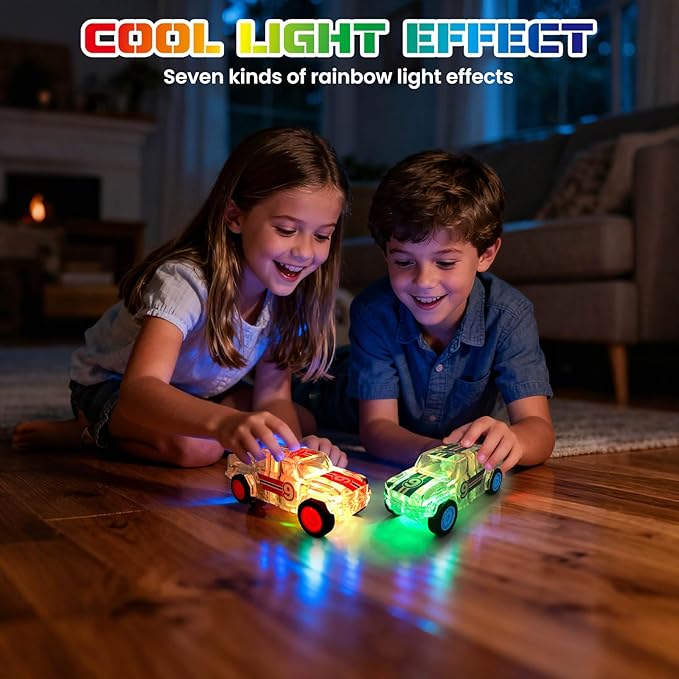 LED Light Up Pull Back Car Toys, Push and Go Trucks 2 Pack，Suitable for Toddlers 3 4 5 6 7 8 Year Old Kids for Boys and Girls Birthday Party Gift